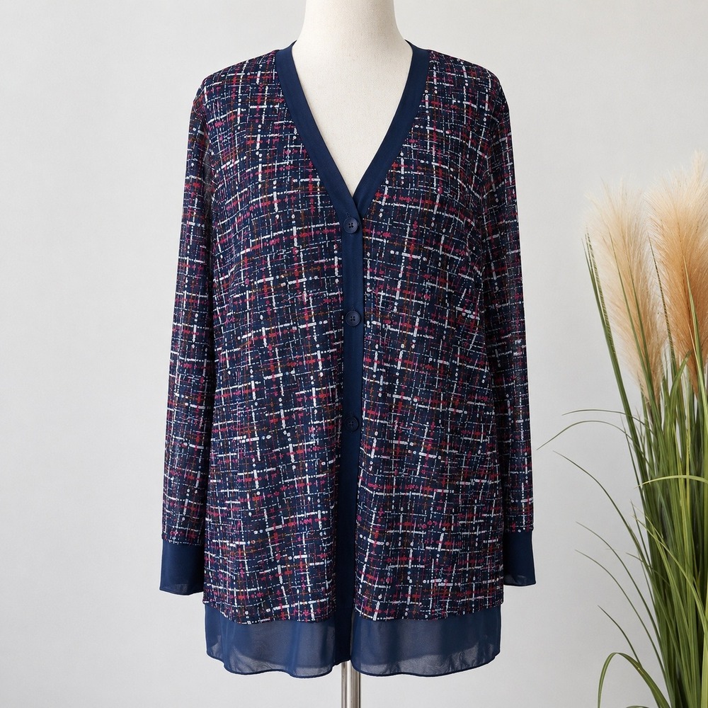 Chico's Navy Tweed Print Mesh Cardigan Button Front Topper SZ XL Preppy Academia - Picture 2 of 10